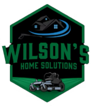 Green and black logo for Wilson's Home Solutions, featuring a house, pressure washer, and lawnmower.
