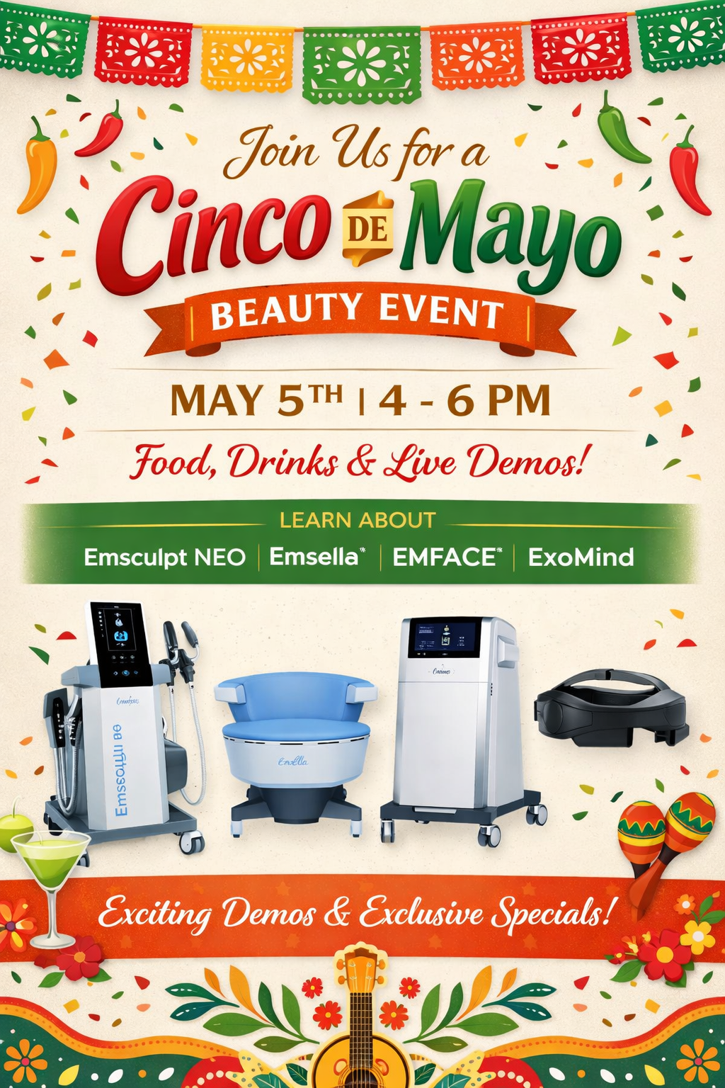 Cinco de Mayo beauty event flyer on May 5th from 4–6 PM, featuring live demos of Emsculpt, Emsella, Emface, and Exion.