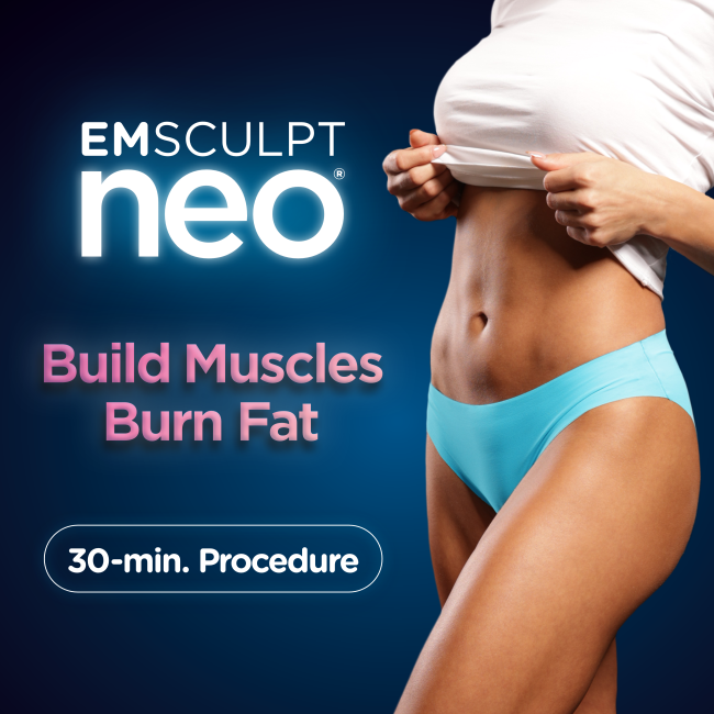 A torso in turquoise underwear against a dark blue background with the text: EMsculpt neo, Build Muscles, Burn Fat, 30-min.
