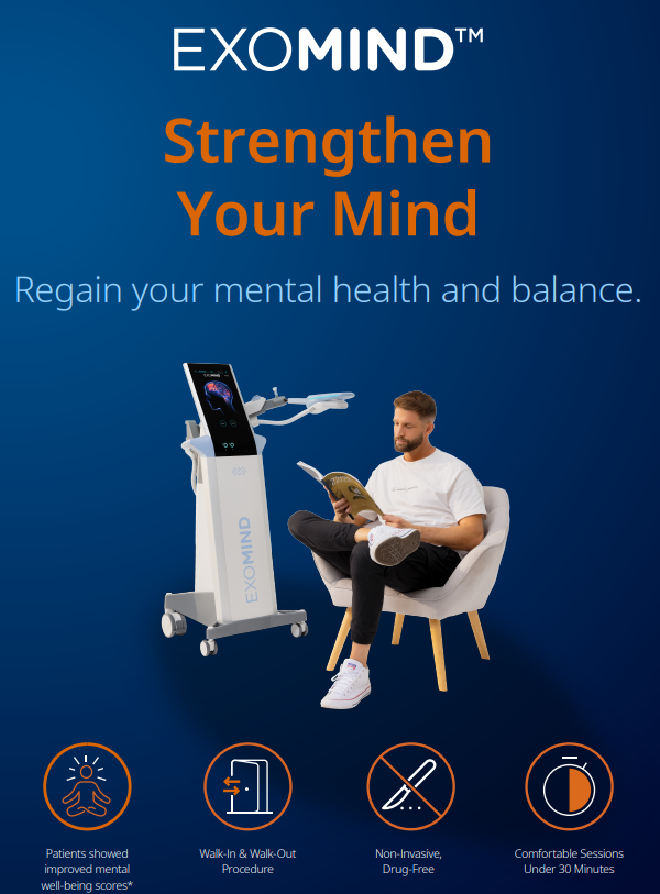 An ad for Exomind showing a medical device next to a person sitting in a chair, with icons listing benefits.
