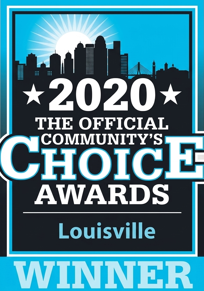 2020 Official Community's Choice Awards Louisville winner badge in blue, black, and white