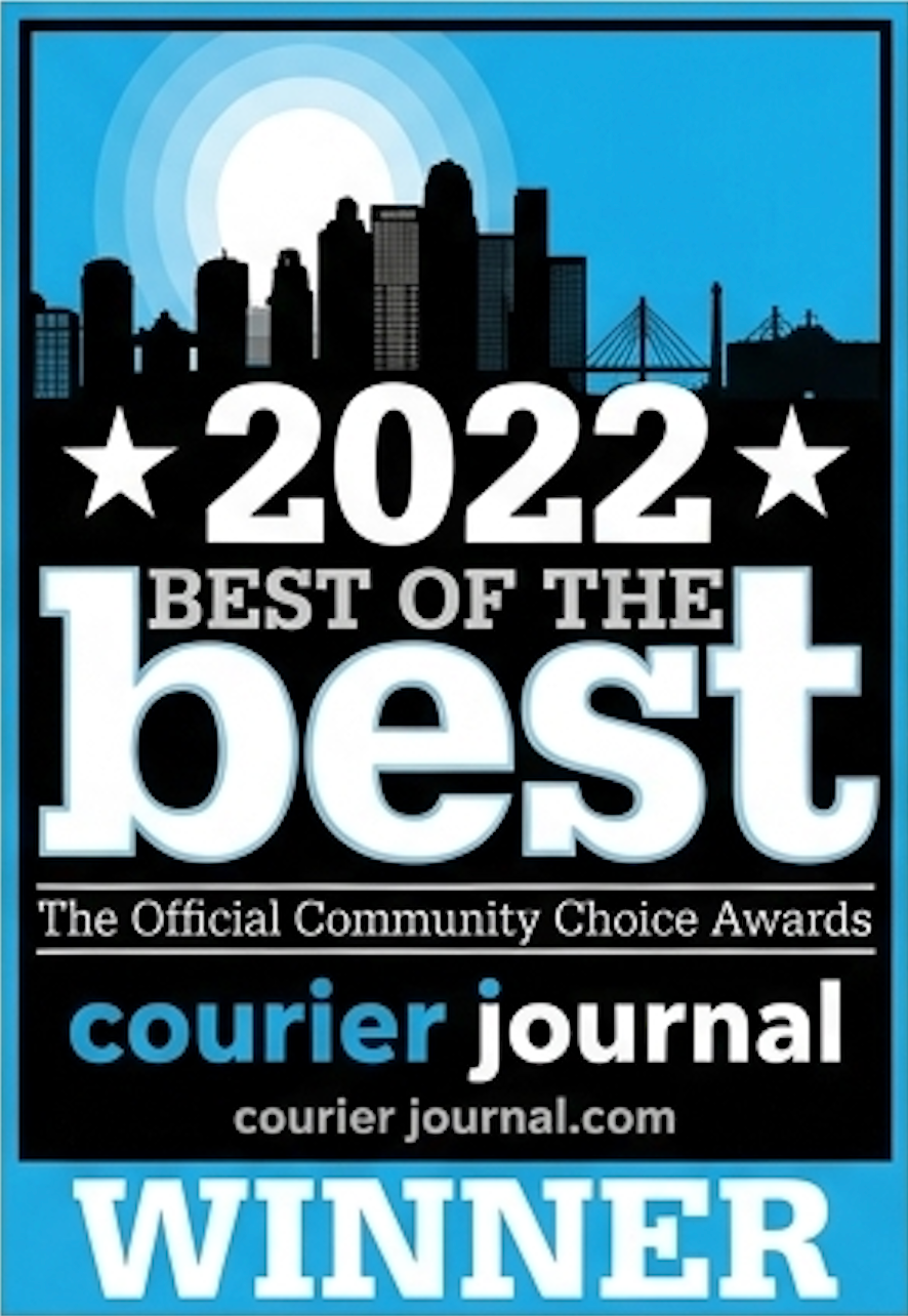Courier Journal 2022 Best of the Best winner badge in blue and black with city skyline silhouette