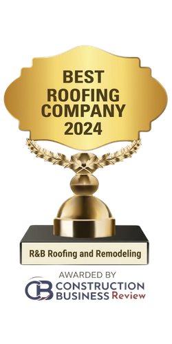 Gold trophy graphic reading “Best Roofing Company 2024” with “R&B Roofing and Remodeling” and 