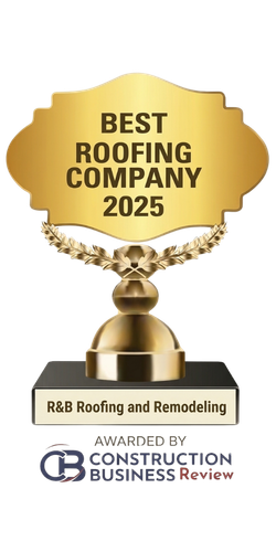 Gold award trophy graphic reading “Best Roofing Company 2025” for R&B Roofing and Remodeling