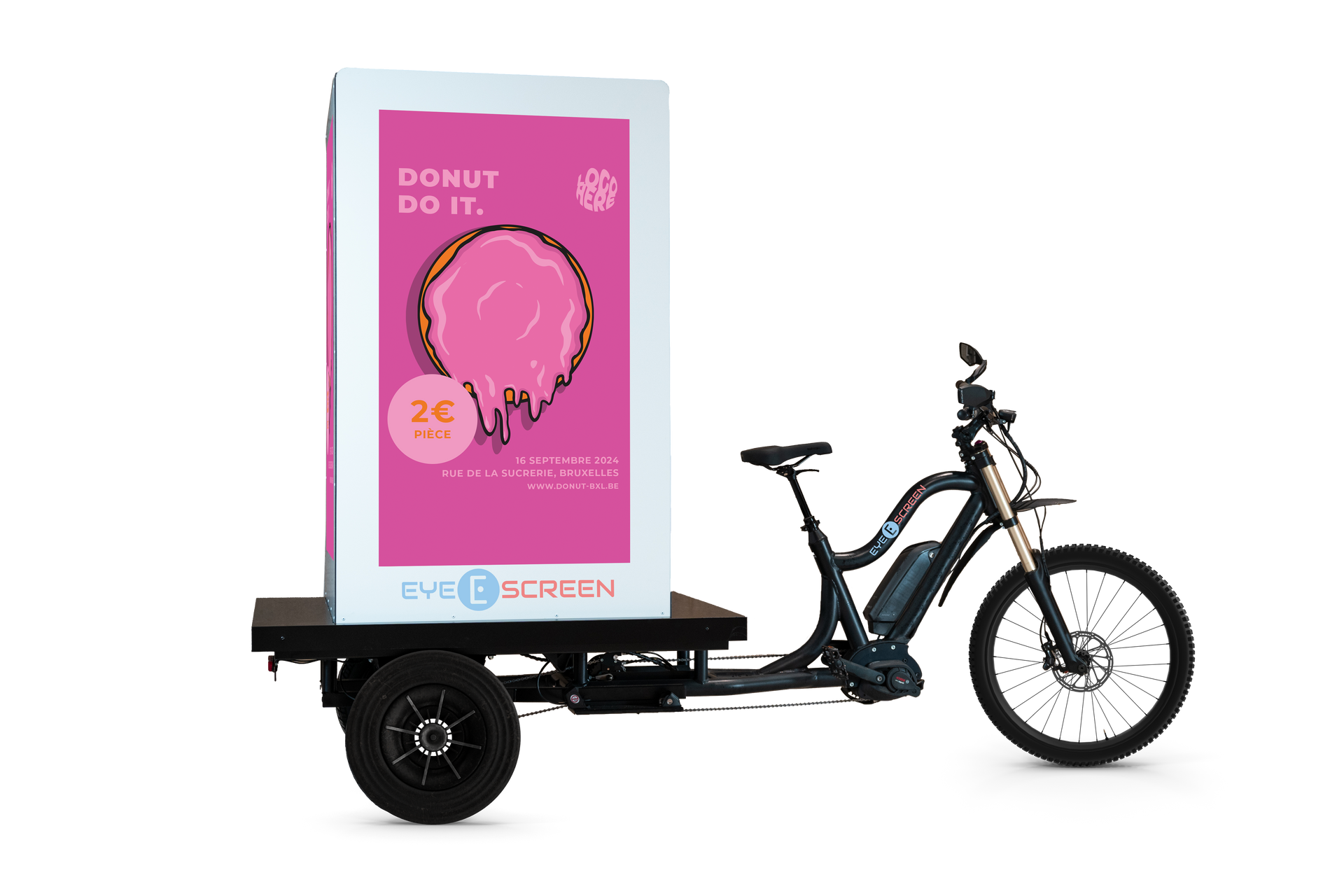TriAd Bike vélo publicitaire électrique équipé d'écrans vidéo LED. LE media éco-responsable pour un street marketing zéro CO2 qui fait le buzz partout en Belgique