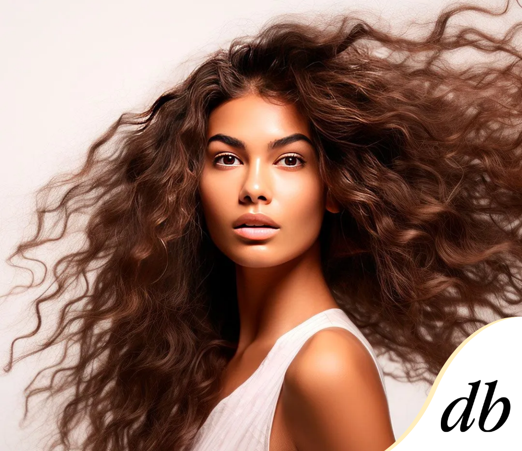 Femme aux cheveux bruns bouclés et volumineux, regardant l'objectif.