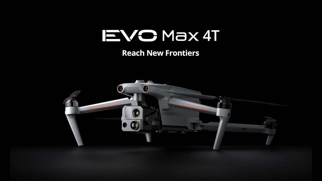 EVO Max 4T drone against a black background. White text reads 