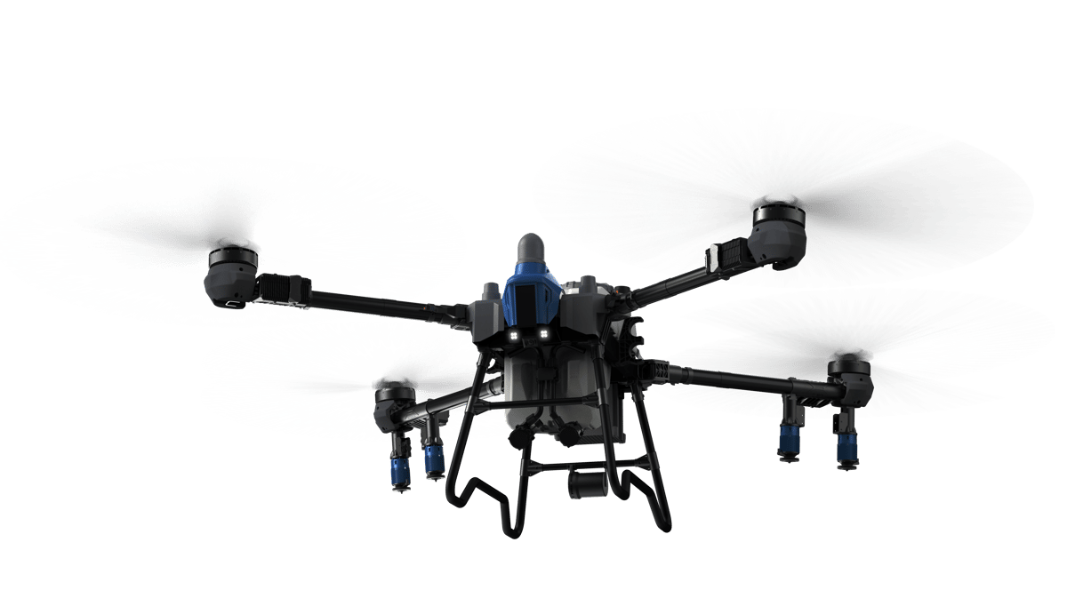A black and blue drone with spinning propellers, hovering against a white background.