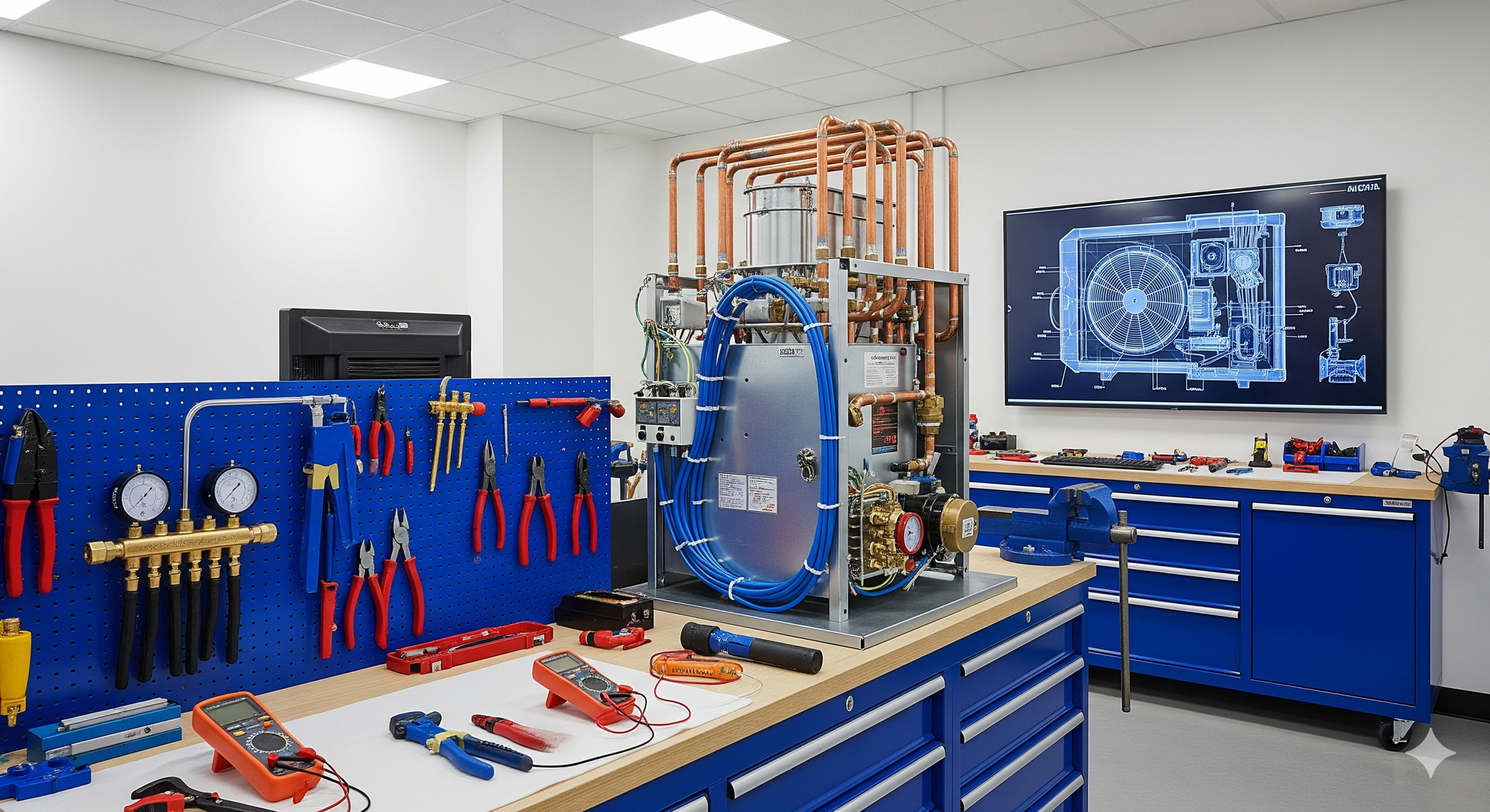 Workshop with blue tools/cabinets, a large heating system, and a schematic on a screen.