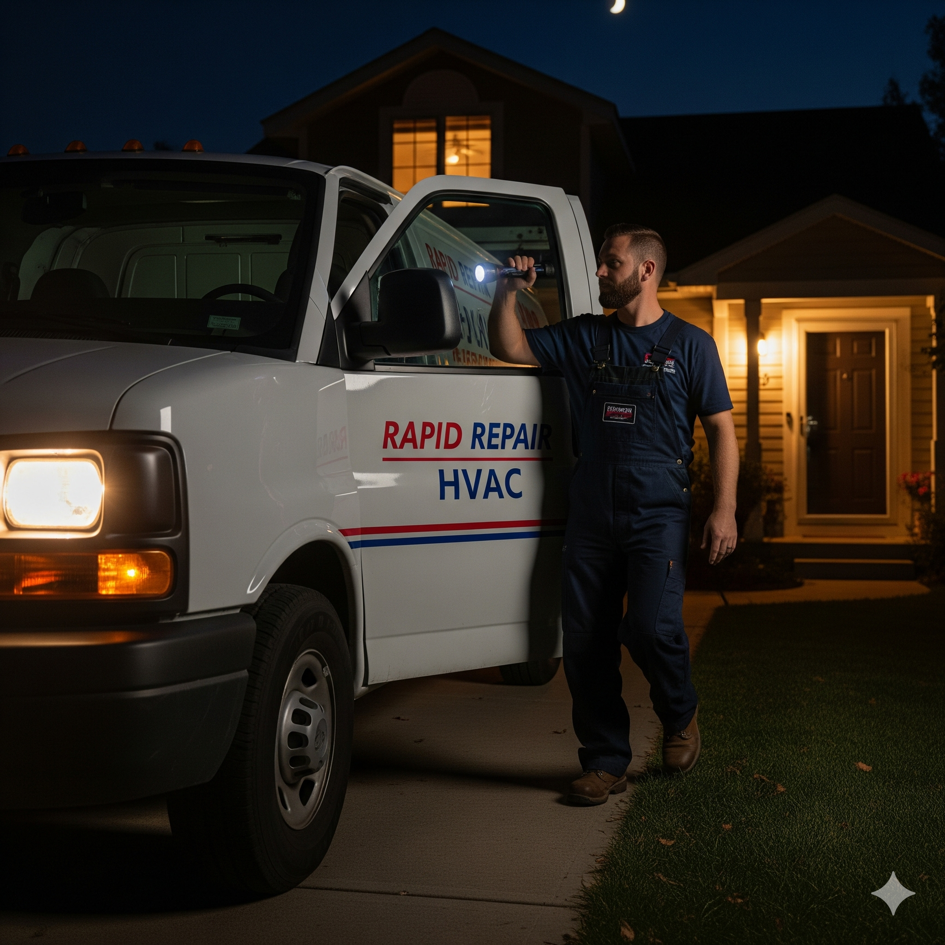 HVAC technician stands by his van at night, holding a flashlight. The van is parked in front of a house.