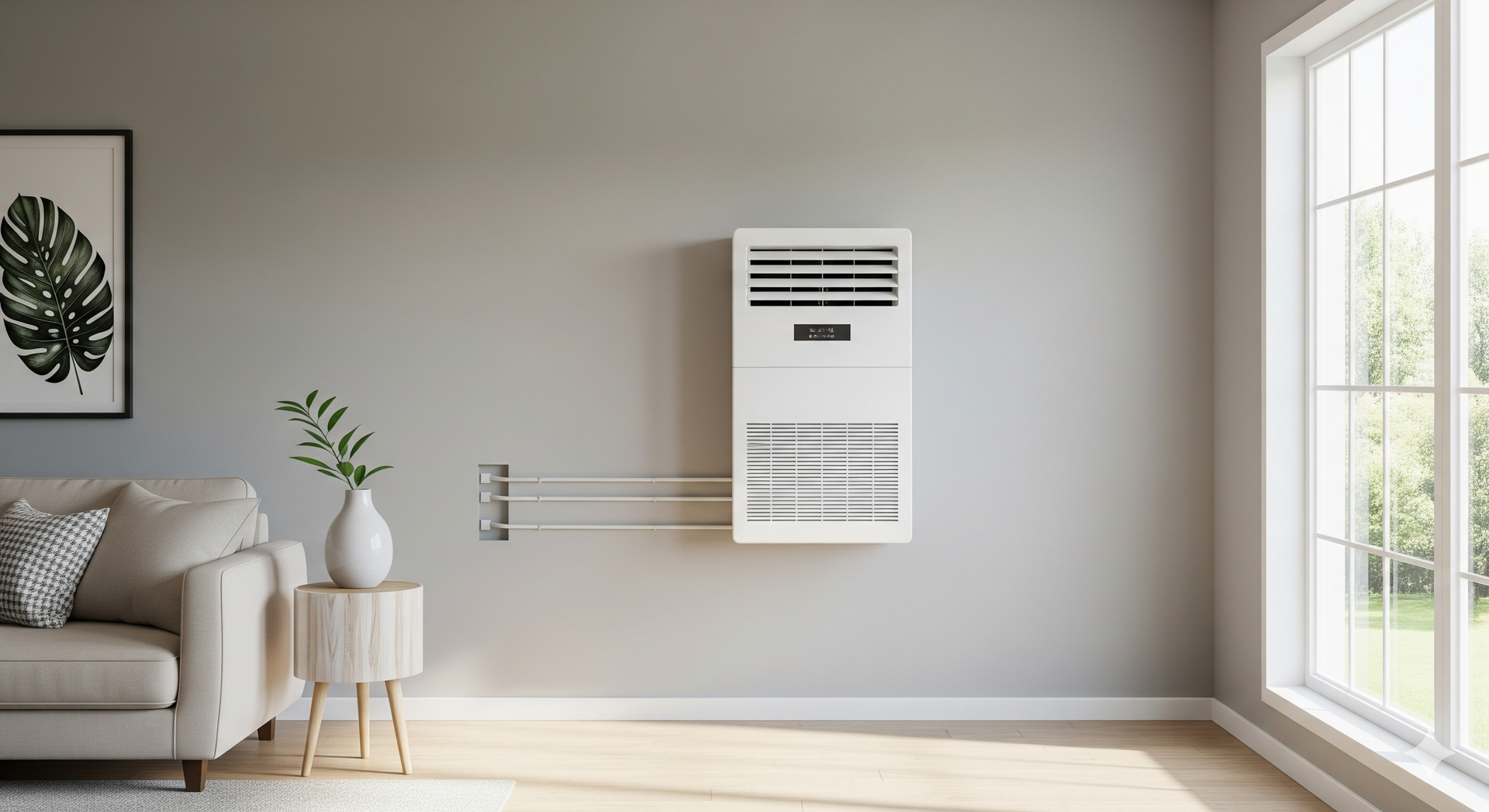 A modern living room with a wall-mounted air conditioner, sofa, and window.
