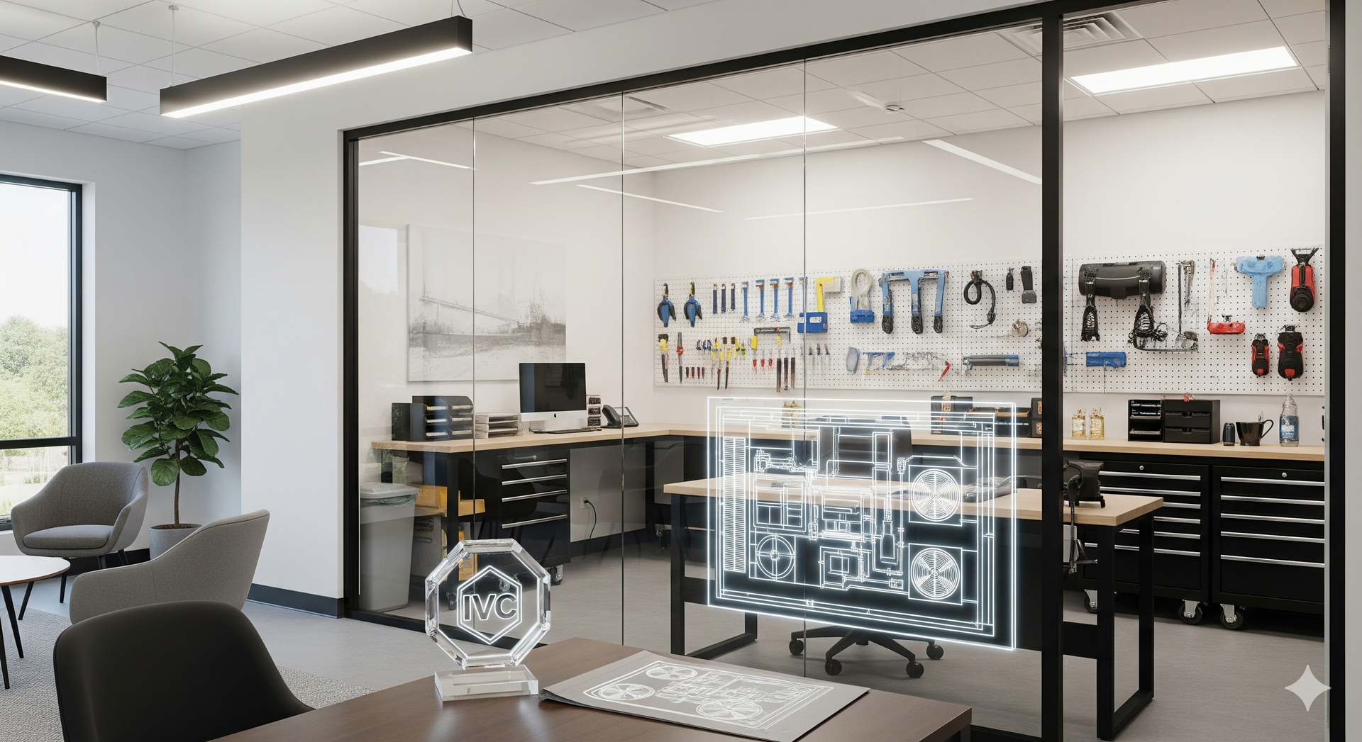 Modern office with a glass-walled workspace displaying tools and a holographic design over a desk.