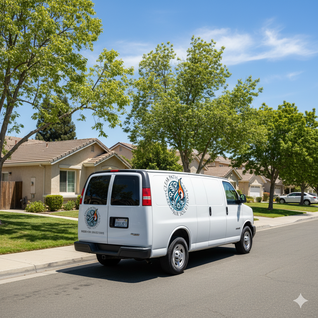 White van parked on a residential street, logo on the side. Houses and trees in the background, sunny day.