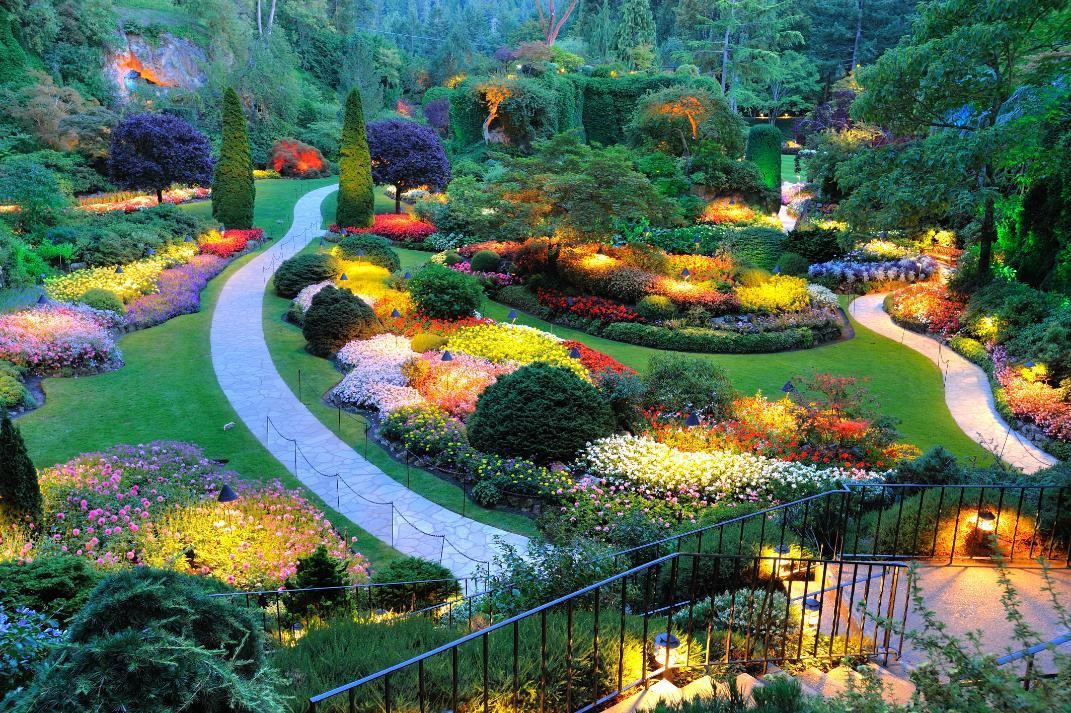 Illuminated garden pathways wind through vibrant flowerbeds at dusk.