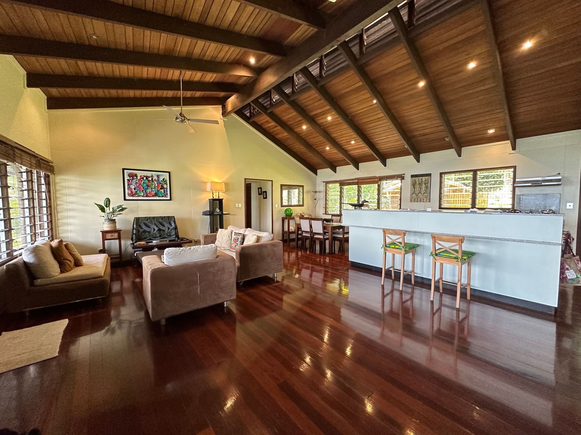 The lounge and open plan kitchen of Latui Lodge in Savusavu