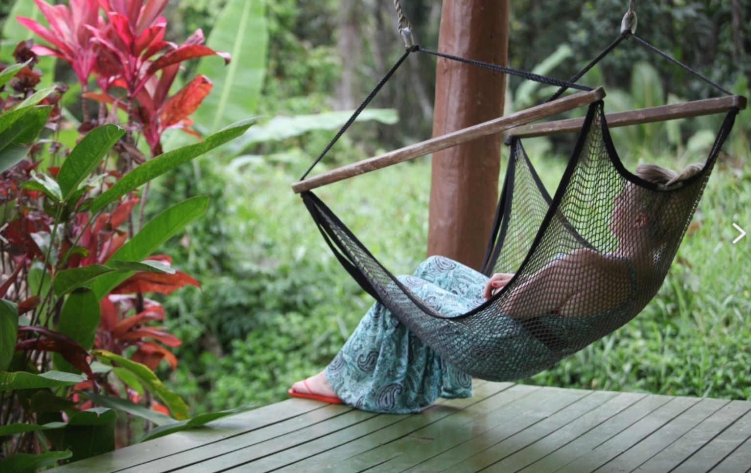 Relaxing in a swing chair at Waidroka Bay resort in Fiji 
