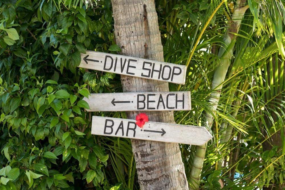 Volivoli Beach Resort grounds where signs have been nailed to a tree directing guests