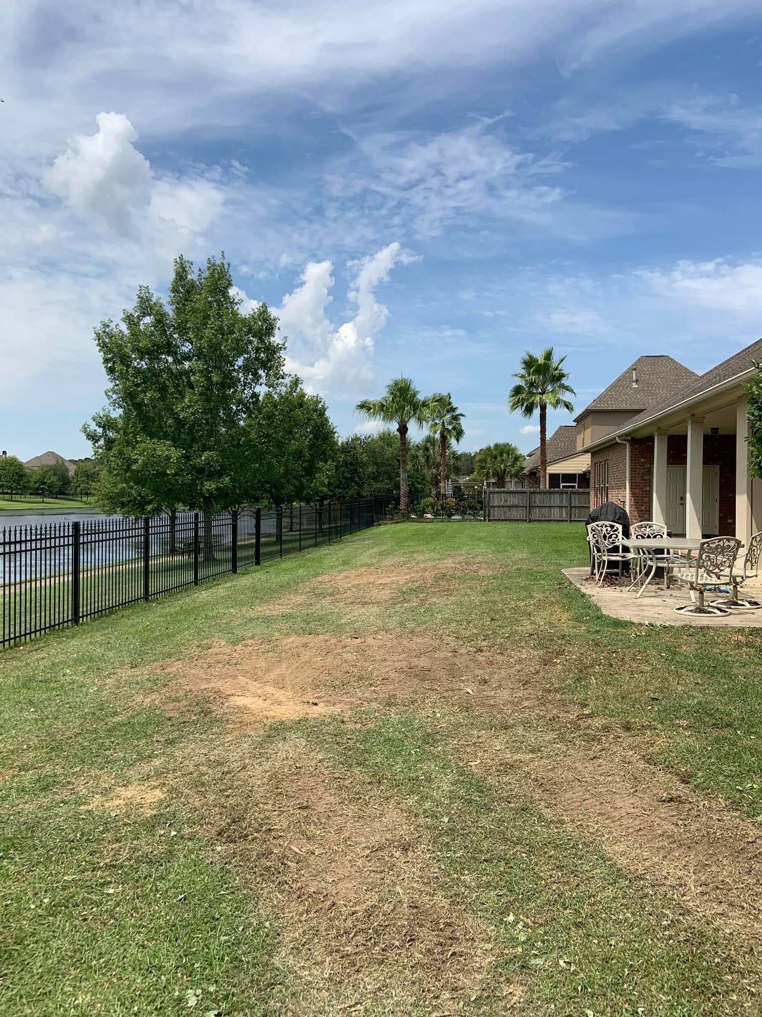 A large lawn with a fence and a house in the background.