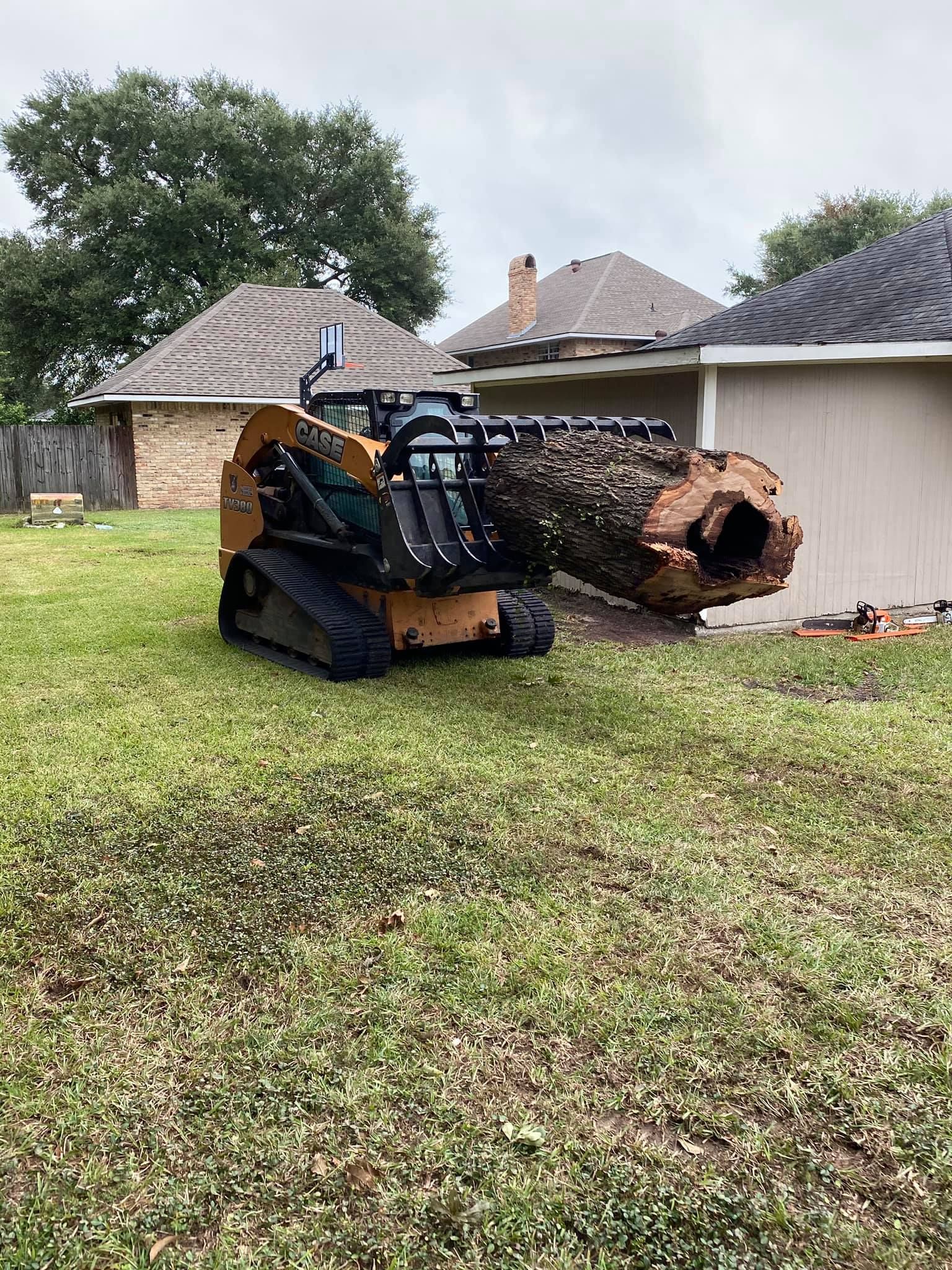 A bulldozer is carrying a large log in a backyard.
