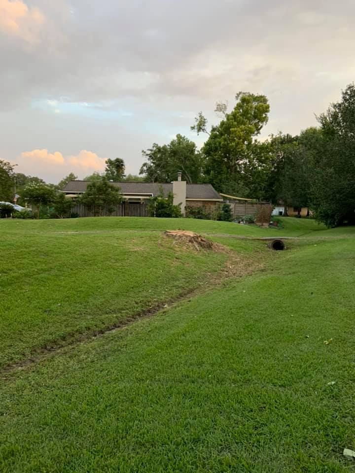 A large lush green field with a house in the background.