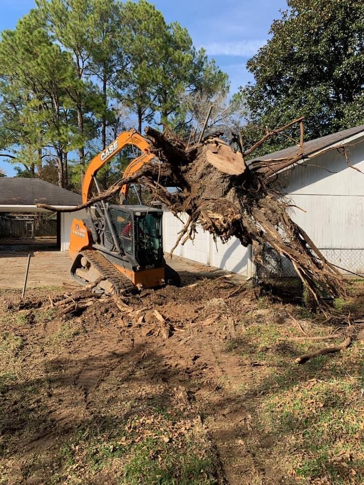 A large tree stump is being removed by an excavator in front of a house.