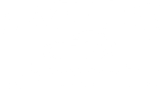 Smith Automotive sign over building, Paint & Collision. Cars parked in front. Phone number 585-872-3257.