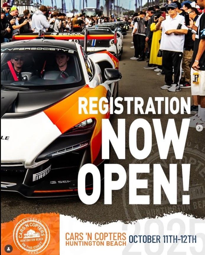Cars 'N Copters event poster: Orange and white race car in front of crowd. Registration now open! Huntington Beach, October 11-12.