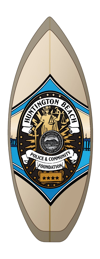 Surfboard featuring a blue and black emblem with 