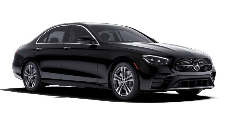 A black mercedes benz e class sedan is shown on a white background.