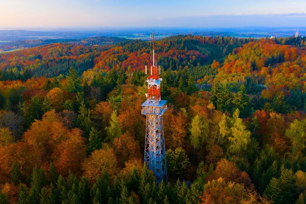 Letecký pohled na věž uprostřed lesa.