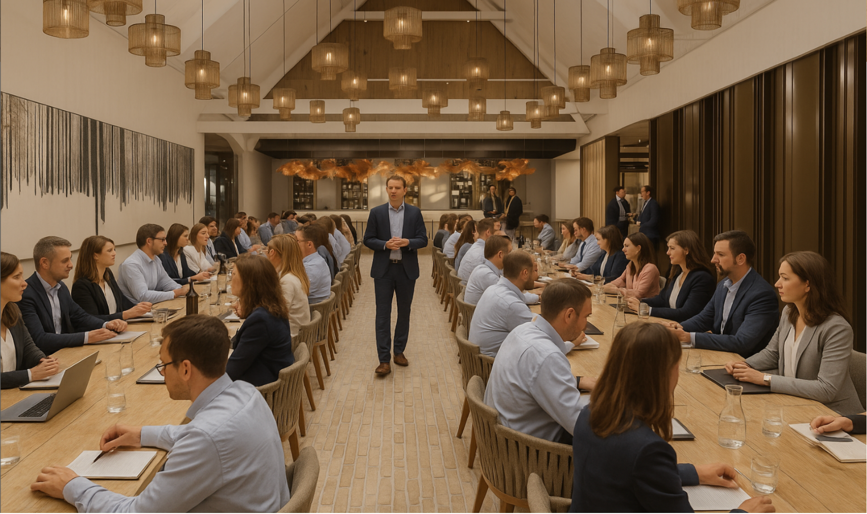 V této místnosti je mnoho stolů a židlí.