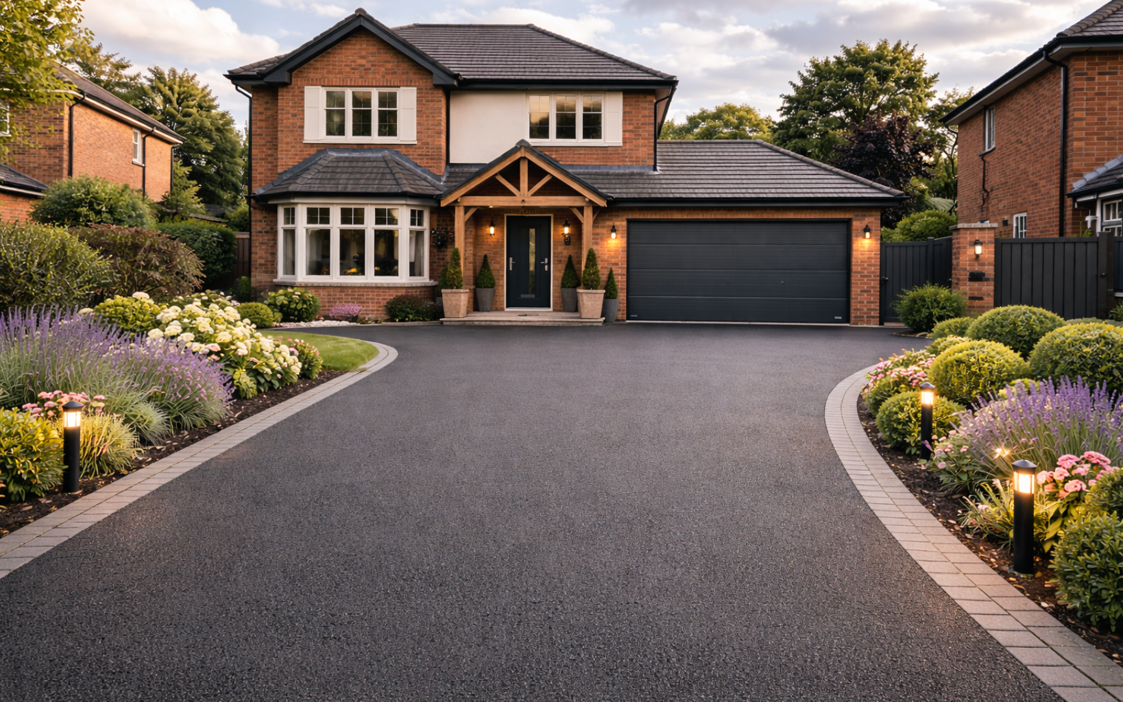 A brick two-story house with a large, paved driveway lined with stone edging, garden beds, and glowing path lights.