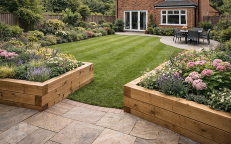 A landscaped backyard with a stone patio, two wooden raised flower beds, and a manicured lawn leading to a brick house.