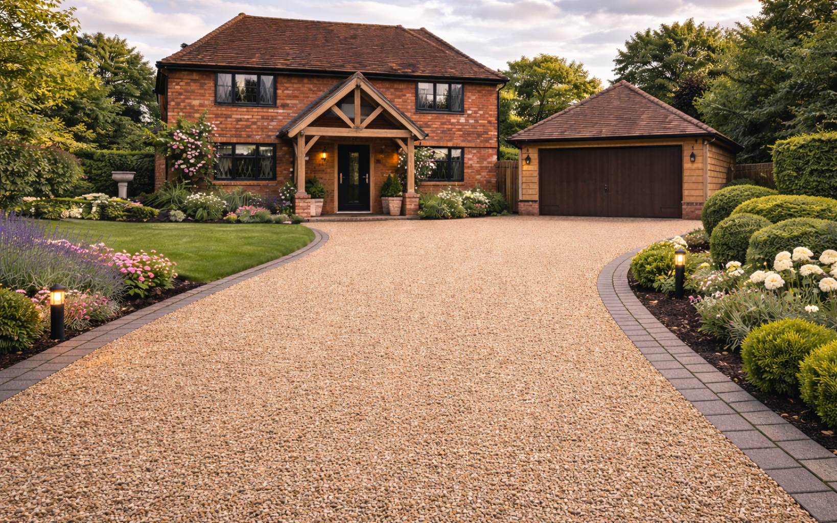 A two-story brick house with a brown shingle roof and garage, viewed from a curved gravel driveway with manicured gardens.