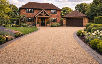 A two-story brick house with a brown shingle roof and garage, viewed from a curved gravel driveway with manicured gardens.
