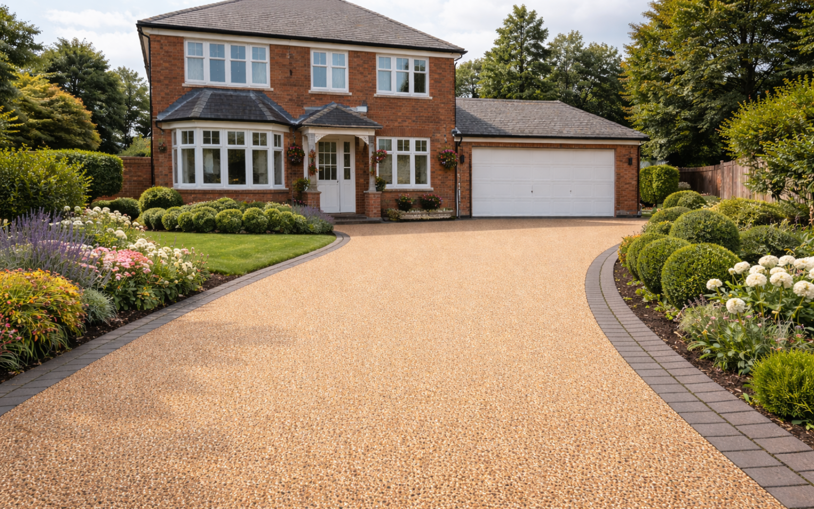 A large brick house with a white garage and a wide, tan resin-bound driveway lined with dark pavers and landscaping.