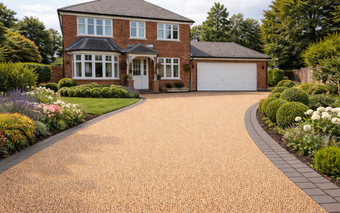 A large brick house with a white garage and a wide, tan resin-bound driveway lined with dark pavers and landscaping.