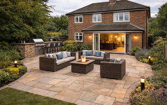 A brick home with a stone patio featuring wicker outdoor seating, a fire pit, and an integrated grill area.