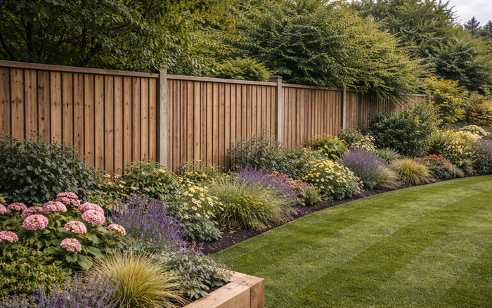 A lush garden border with pink hydrangea, ornamental grasses, and purple flowers planted in front of a wooden fence.