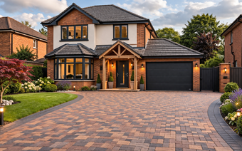 A modern two-story brick home with a paved driveway, front garden, and attached garage under a blue sky.