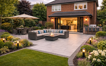 A brick house patio at dusk featuring a sectional sofa, fire pit, outdoor dining area, and landscape lighting.