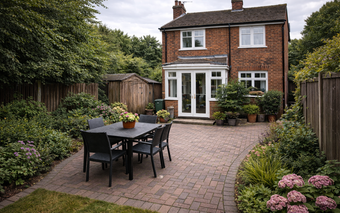 A brick patio with a dining set leads to a two-story red brick house with a white-framed conservatory and garden area.