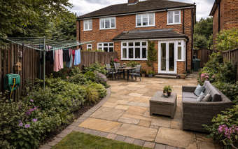 A stone-paved patio with a sofa, coffee table, and dining set, surrounded by lush garden beds and a laundry drying rack.