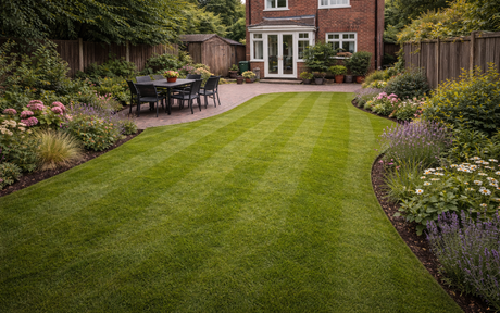 A lush green lawn with striped mowing patterns in a backyard with a patio set, surrounding flower beds, and a brick house.
