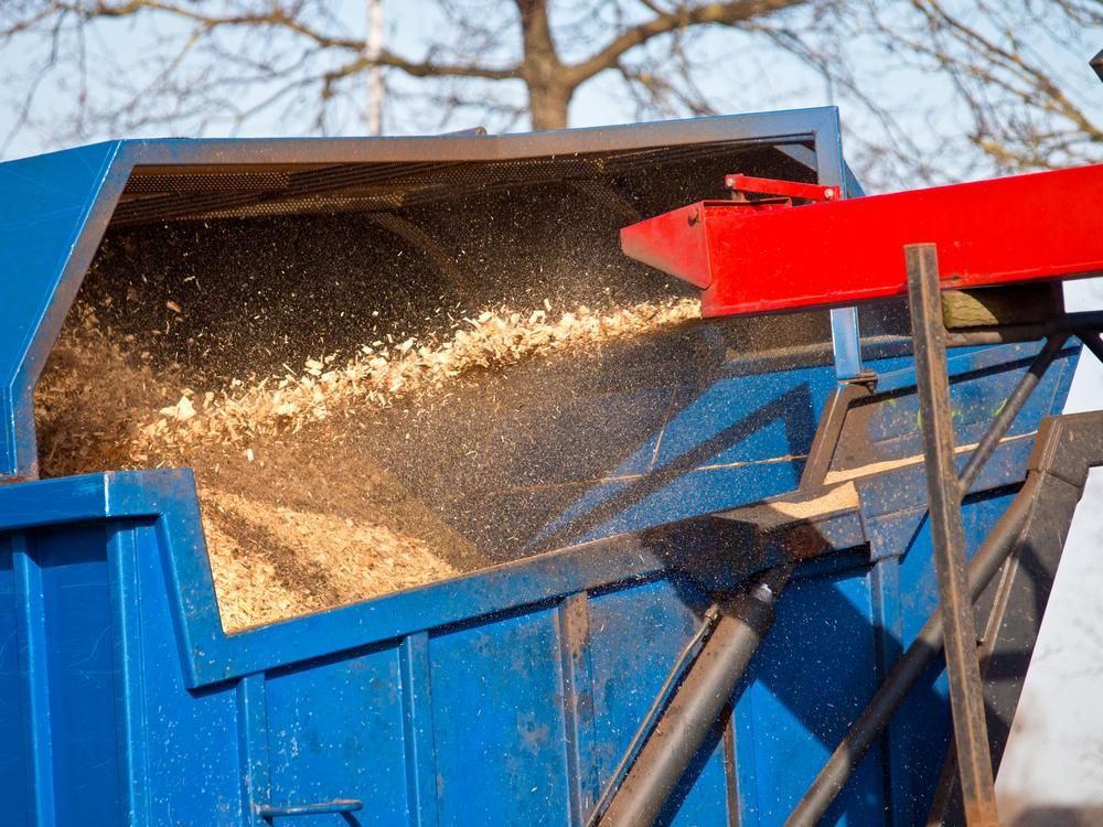 A Blue Dumpster Is Being Filled with Wood Chips — True Blue Australian Tree Services in Morisset, NSW