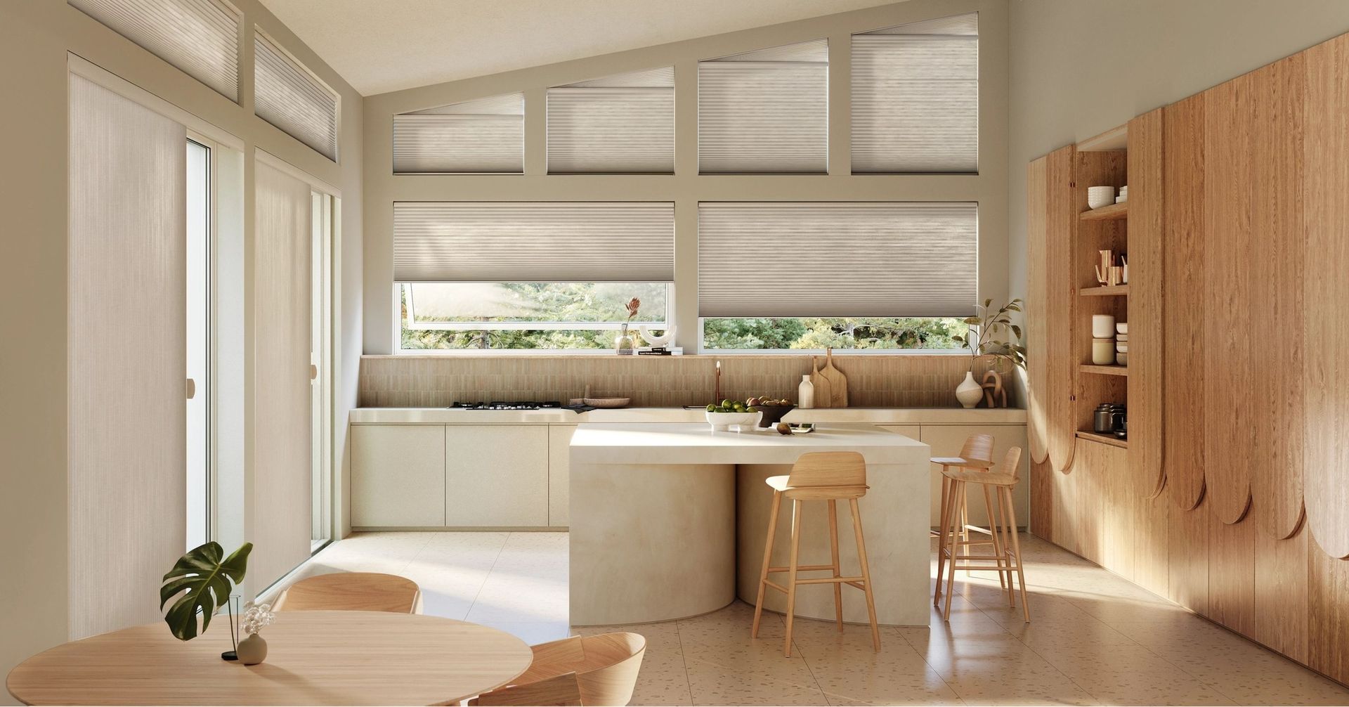 Custom Hunter Douglas Duette® Cellular Shades on unique window shapes and sliding door in a kitchen