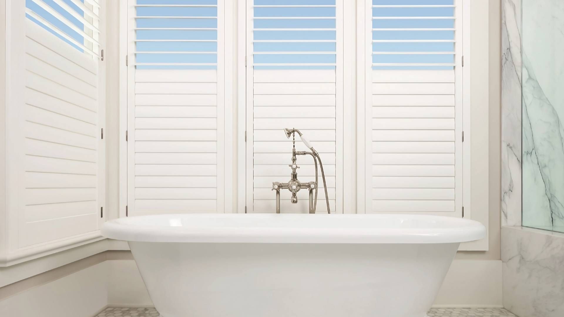 Hunter Douglas Palm Beach™ Polysatin™ Vinyl Shutters as bathroom window coverings behind a pristine,