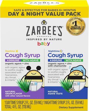 Box of Zarbee's Baby Day & Night Cough Syrup, with images of a bee and a baby.