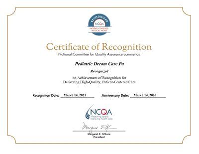 Certificate of Recognition for Pediatric Primary Care, from the National Committee for Quality Assurance, recognizing high-quality care.