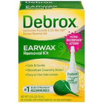 Box of Debrox earwax removal kit with a green rubber ear bulb.